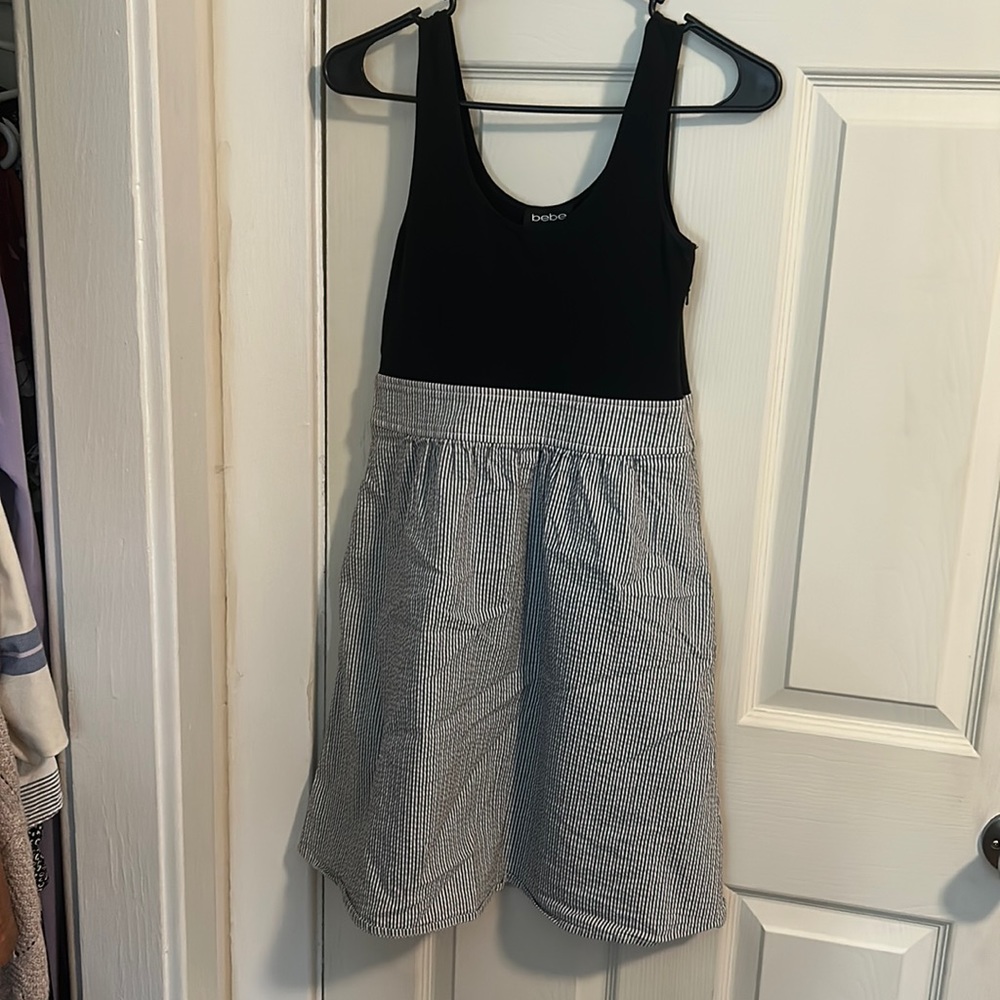 Bebe black grey white stripped dress